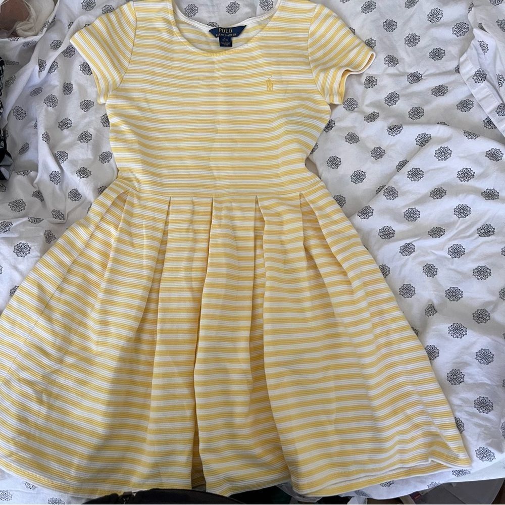 Polo Ralph Laurenâyellow white striped pleated dress girls size L 12-14 - Picture 1 of 7
